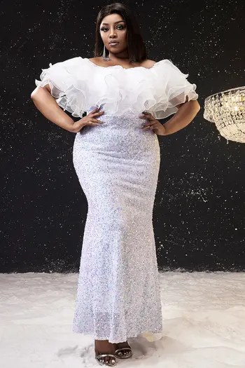 Plus Size Evening Dress for Women White Off The Shoulder Ruffle Sequin Elegant Cocktail  Wedding Guest Mermaid Dress 2024