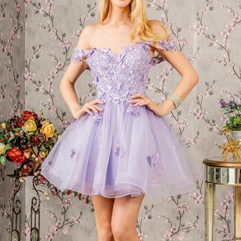 Off the Shoulder A-line Prom Dresses Tulle Backless 3D Butterfly Appliques Mini Homecoming Dress Lace Up Ruched Lovely Ball Gown