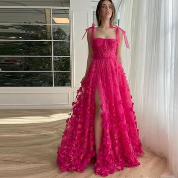 Fuchsia Tulle Spaghetti Straps Dresses for Prom With Flowers Lace Up High Slit Long Wedding Party Evening Dress 2024 Summer