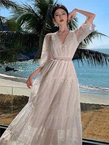 French Lace Long Dresses for Women Summer White Party Dress Beach Style V-neck A-line Elegant Prom Robe Wedding Vestidos Mujer