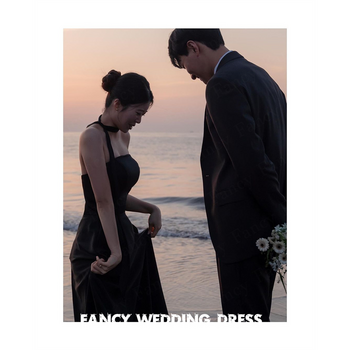 Fancy Simple Black Korea Wedding Dress Beach Photography A Line Satin Bridal Gown Gift Neck Ribbon Strapless Custom Made