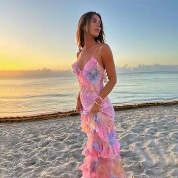 Pink Chiffon Ruffled Edge Camisole Long Skirt Layered Frosted Floral Seaside Vacation Dance Dress Slim Fit Backless Sweet Party