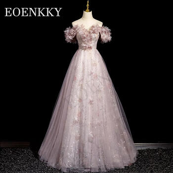 Dubai 3D Flowers Off Shoulder Prom Dress Glitter Tulle Pink Lace Sequined A Line Wedding Party Dresses vestido de noche Women