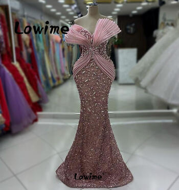 Pink Prom Dresses Mermaid 2024 Luxury Crystals Pearl Long Wedding Party Dress Vestido De Fiesta Arabic Women Evening Gowns Robes