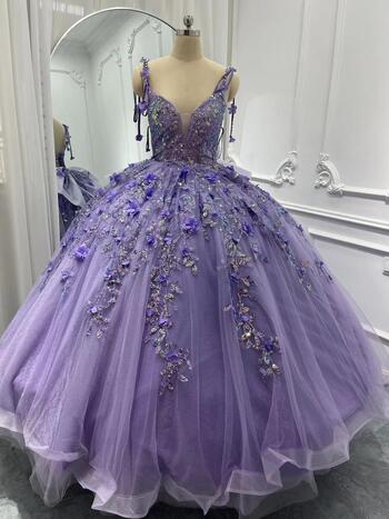 Real Picture Purple Shinny Sweet 16 Girl Prom Occasion Dress Flower Sequined Puffy Vestido De 15 Quinceanera Party Formal Dress