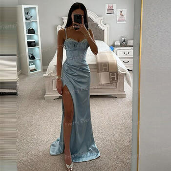 Simple Blue Evening Dresses Woman's Mermaid Sexy Sleeveless Prom Growns High Split Sparkling Sweetheart Celebrity Party Vestidos