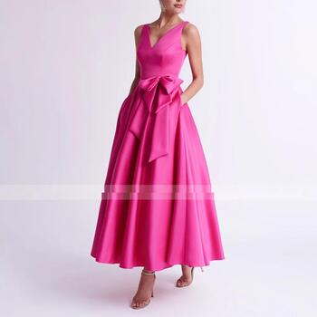 Hot Pink Wedding Guest Gowns for Women Satin V Neck A Line Mother of the Bride Dress Midi Bow Pockets Formal Evening Party