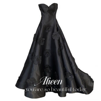 Aileen 3D Flowers Spaghetti Straps Satin Black Elegant Party Dresses 2024 With Sleeves Colored Dress Evening Gown Robe Soiree