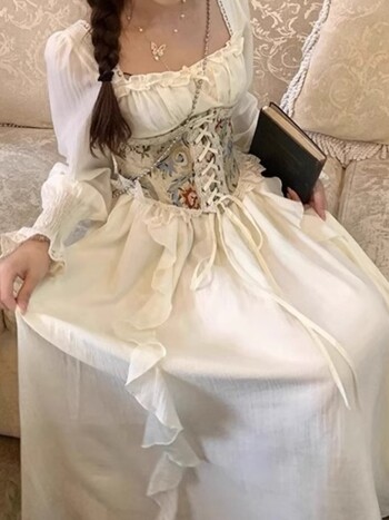 Elegant Midi Dresses for Women with Floral Wide Corset Belt Ruffles French Vintage Chic Party Dress Birthday Prom Robe Vestido
