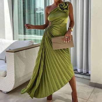New Asymmetrical Hollow Sleeveless Long Dress Female Casual Off Shoulder Evening Dresses Fashion Floral Pleated Slim Party Dress
