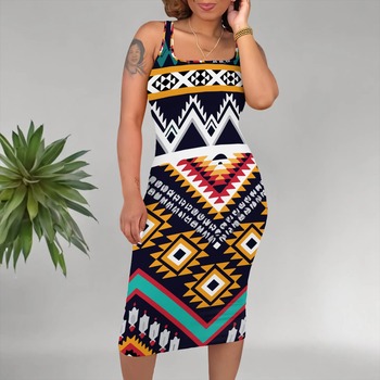 Summer Casual African Printed Dresses Women Round Neck Sleeveness Geometric Printing  A- Line Dresses Women