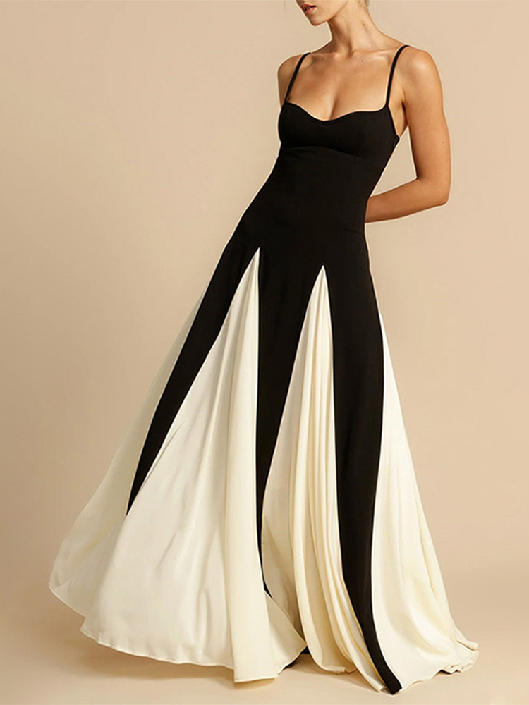 Black White Patchwork Strap Maxi Dress Women Sexy Sleeveless Female Sling Dresses 2024 New Party Club Vestidos Elegant Fashion