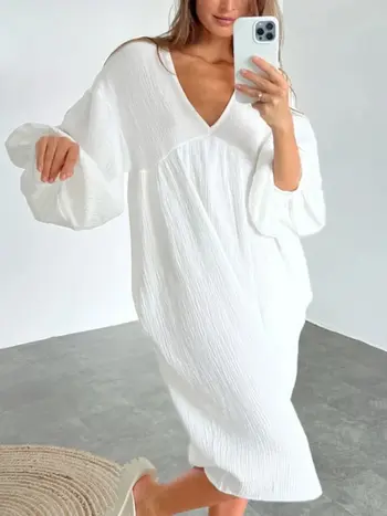 New in Women Dress 100% Cotton Long Sleeve Nightgown Homewear Sort V-Neck Solid Pajamas Oversized Night Midi Dresses for Women