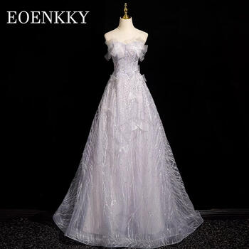 Strapless Sparkly Beading Evening Dress Bow Tulle Glitter A Line Sleeveless Wedding Party Dress vestidos de noche Backless Women