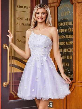 Sexy One Shoulder Butterfly Tulle Homecoming Dress Appliqued Backless Mini Cocktail Party Gown A-line Lace Sleeveless Prom Dress