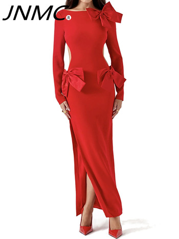 JNMC 2024 Women's Solid Color Long Skirt Tight Waist Hollow Slim Sexy Slit Red Dress Bow Details Backless Floor-length Dress