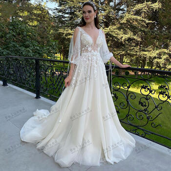 Elegant Wedding Dresses A-Line V-Neck Long Puff Sleeves Bridal Gowns Lace Appliques Illusion Backless Graceful Vestidos De Novia