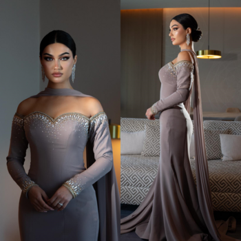 High Quality Casual Jersey Rhinestone Sequined Pleat Draped Mermaid Off-the-shoulder Long Dresses Homecoming Dresses Classic
