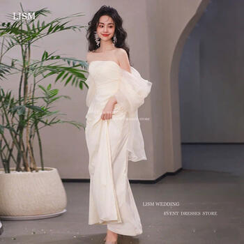 LISM Off The Shoulder Korea Wedding Dresses Soft Satin Long Puff Sleeves Bridal Gown PhotoShoot Plus Size Romantic Bride Dresses