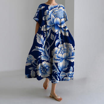 2024 Summer A-line Dress Bohemian Style Cymbidium Pattern Women's Loose Round Neck Midi Dress Short Sleeve Soft Beach Travelwear