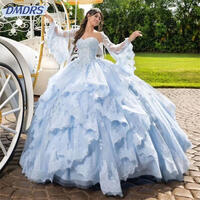 Charming Light Blue Sweetheart Ruffles Ball Gown Off the Shoulder Appliques Lace Quinceanera Dresses Beading Vestidos De 15
