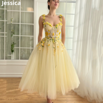 Jessica 3D Butterfly Decal Prom Dresses Tulle Yellow Princess Evening Dresses Wedding Dress Formal Party Dresses Robes De Soirée