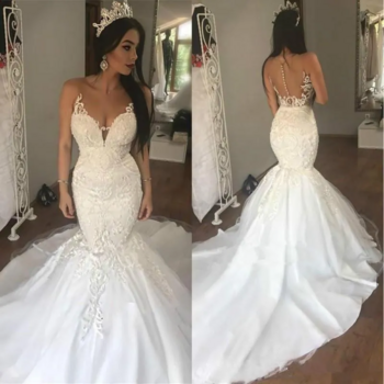 Arabic Mermaid Lace Appliques Wedding Dresses Dubai Bridal Gown Long Train Backless Vestido De Novia Sheer Neck Robe De Mariée