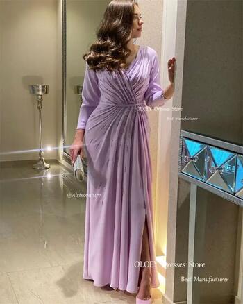 Giyu Elegant Purple Chiffon Beads Evening Dresses Dubai Arabic Women Pleats V Neck Prom Dress Formal Gowns Plus Size