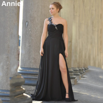 Annie Black Prom Dresses Elegant Ladies Glitter A-line Special Occasion Evening Dresses Side Slits Formal Wedding Party Dress