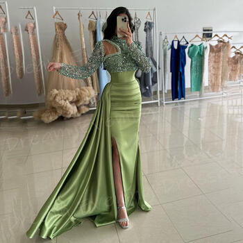 Classic Modest Green Mermaid Fascinating Women's Evening Dresses Long Sleeve Sequined Prom Gowns Side Split Pleated Abiye Elbise