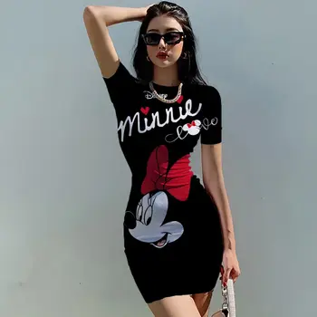 Disney Minnie Mickey Mouse bow print Elegant Pencil Dress Womens Simple Sheath Office Dresses Summer Short sleeve Casual Vestido