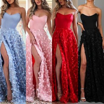 Women Sexy Dress Party Chest Wrap Split Mesh Lace-up Backless Empire Female Elegant Big Wing Sleeveless Strapless Clothing