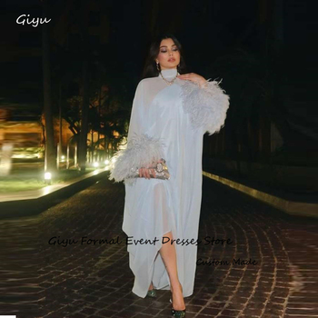 Giyu Elegant Light Blue Luxury Feathers Evening Dresses Formal Occasion Puff Long Sleeves High Neck Prom Gowns Plus Size
