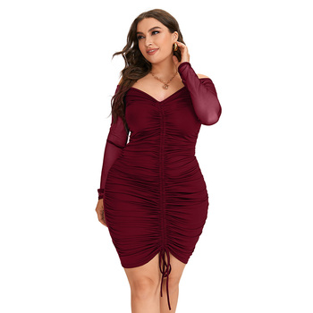 Plus Size PYL Womens Solid Long Sleeve Bodycon Midi Dresses Ladies V Neck Slim Fit Pleated Party Gown Cocktail Clubwear 2024 HOT