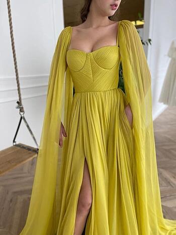 Sweetheart Neck Chiffon Prom Dress with Slit Pleated Formal Evening Party Gowns Sleeve Cape Backless 2024 Wedding Dresss vestido