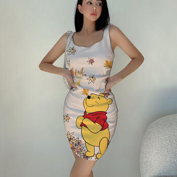 2024 New Winnie the Pooh Cartoon Pattern Print Dress Summer Comfortable Casual Dress Slim Tight Fashion Sleeveless Short Dress