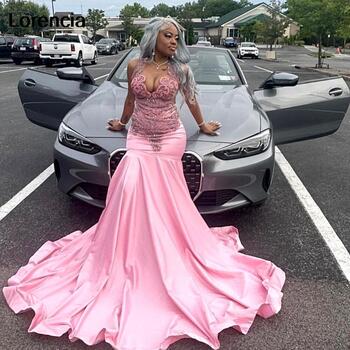 Lorencia Glitter Pink Mermaid Prom Dress For Black Girls Silver Crystal Diamond Beaded Birthday Patry Gown Robe de soirée YPD148
