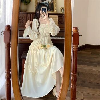 Elegant and Beautiful Women's Dresses with Lining French Retro Dress Holiday 2024 Spring High Waist Beige Long Female Dresses