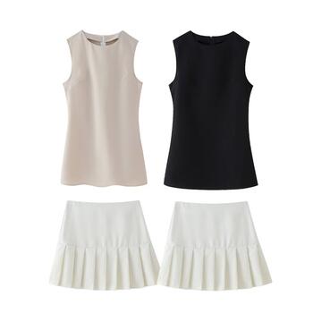 TRAF Short Skirt Sets for Women 2 Pieces Sleeveless Solid Color Two Options New in Matching Sets Sexy Short Dress Pleated Skirt
