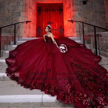 Sweet Glitter Burgundy Sequin Applique Princess Quinceanera Dresses Sweetheart Beads 15th Dress Prom 16th Birthday Wedding Gowns