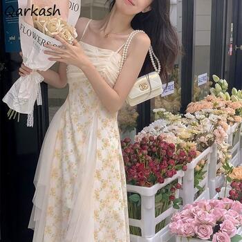 Sleeveless Long Dresses Women A-line Summer Floral Printed Lace Irreegular Korean Fashion Fairy Elegant Sweet Holiday Vestidos