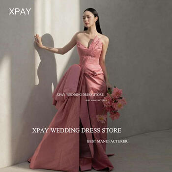 XPAY Unique Pink Elegant Satin A Line Evening Dresses Strapless Floor Pleats Backless Formal Party Dress Wedding Photo Shoot