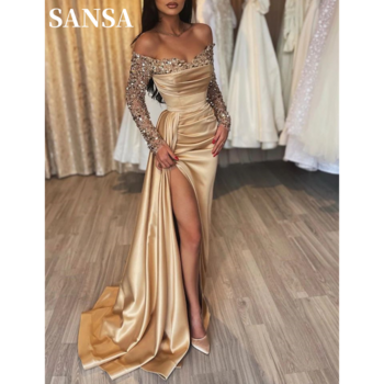 Sansa Mermaid Satin Prom Dresses Off Shoulder Vestidos De Noche Elegant Long SLeeves Sexy Side High Split Formal Evening 2024
