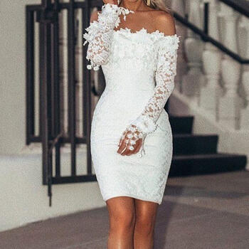 Sexy White Lace Dress Long Sleeve Women Dress Bodycon Off Shoulder Lace Wedding Party Clubwear Evening Short Mini Dress 2024