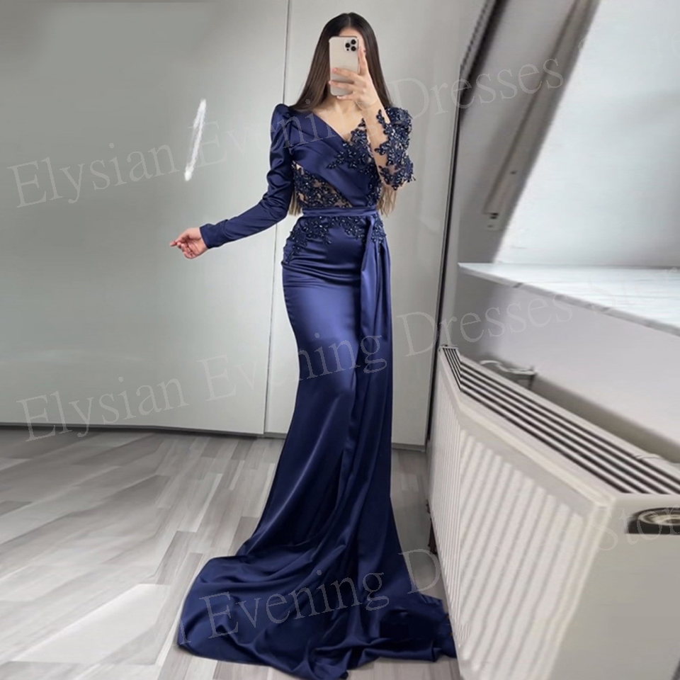 Graceful Classic Royal Blue Women's Mermaid Charming Evening Dresses V Neck Pearls Prom Gowns Long Sleeve Beaded Robes De Soirée