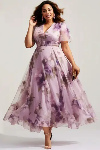 Maxi Dress for Women Plus Size Wedding Purple Floral Print Empire Waist Tunic Short Sleeve V-Neck Elegant Casual Long Dress