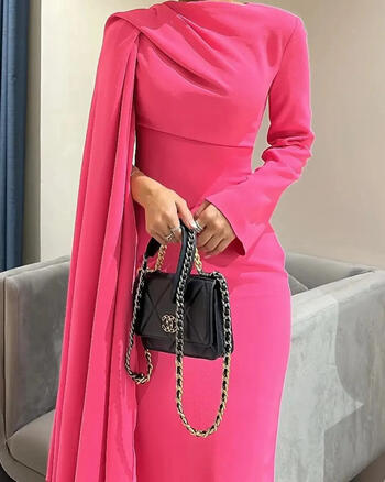 VENUS Elegant Formal Women Evening Dresses Saudi Arabia Long Sleeves Prom Dresses O-Neck Pleated Floor Length Party Dresses