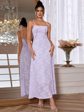 Dropshipping New Summer Elegant Maxi Dress 2024 New Arrival Purple Spaghetti Strap Wedding Guest Dress Lace Up Party Dresses
