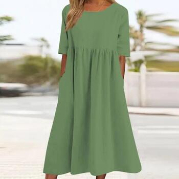 Women Summer Vintage Simple Casual Streetwear Cotton Linen Dresses Solid Short Sleeve Pleated Oversized Beach Midi Dress Vestido