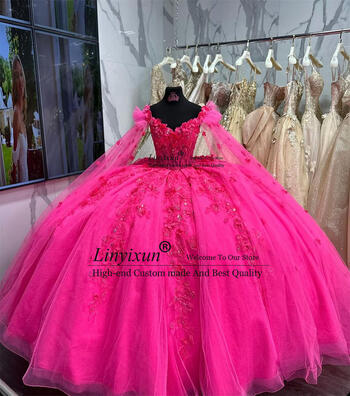 Shiny Fuchsia Princess Quinceanera Dress Flowers Appliques Beading Crystals Sweet 16 Dress Court Train Vestidos Ball Gown